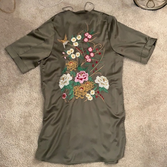 Anthropologie Floreat Army Green Silk Embroidered Floral Kimono Duster O/S NWOT